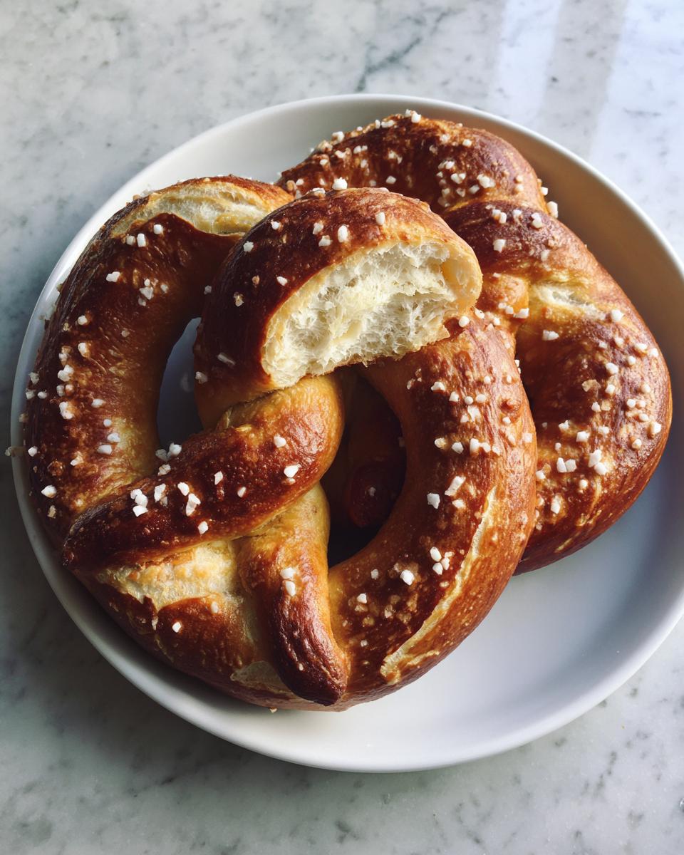 Close-up of several golden-brown high-protein high-fiber pretzels sprinkled with coarse salt on a white plate.