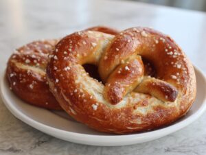 Two golden brown, soft pretzels topped with coarse salt, ready to eat, showcasing the texture of these high-protein high-fiber pretzels.