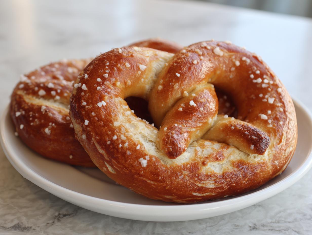 Two golden brown, soft pretzels topped with coarse salt, ready to eat, showcasing the texture of these high-protein high-fiber pretzels.