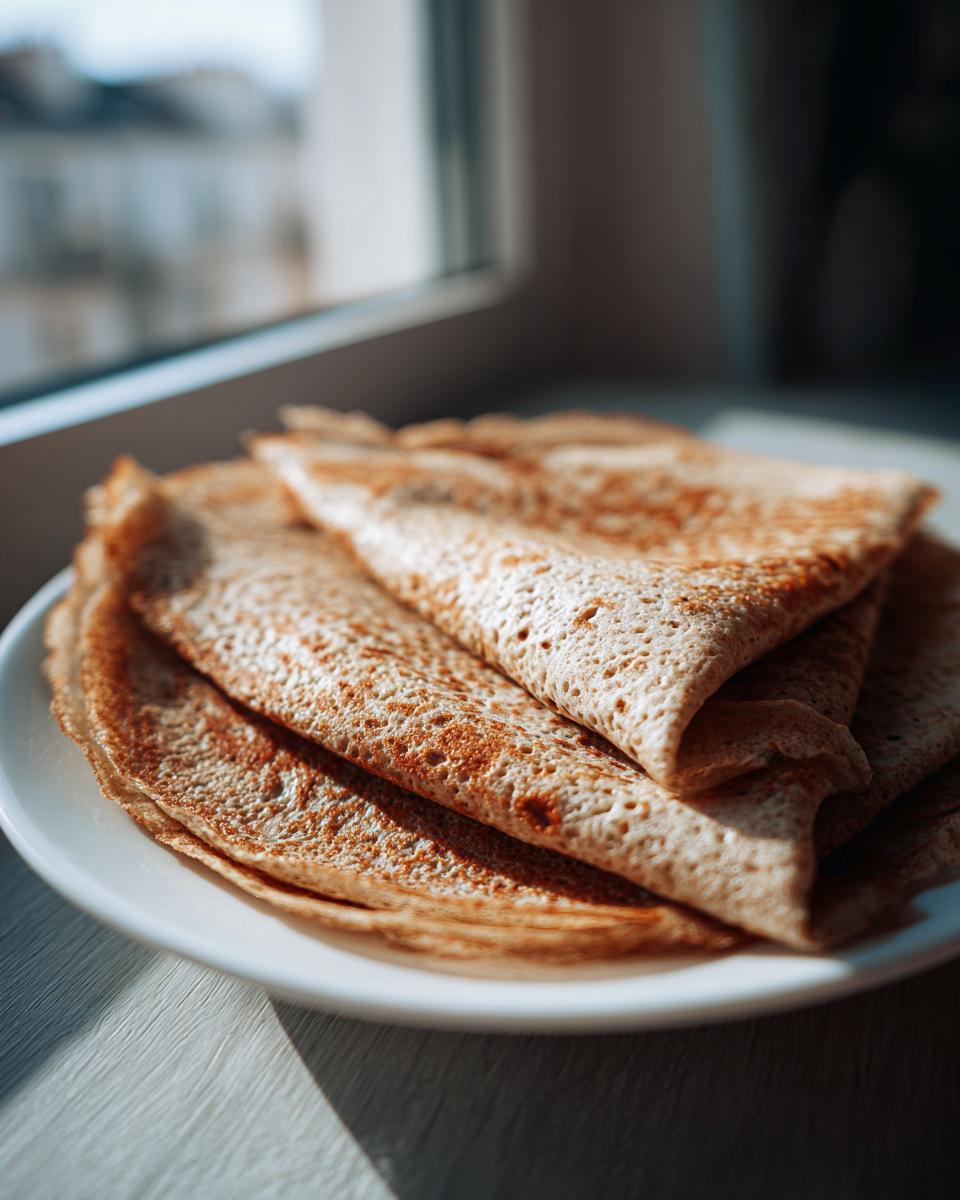 A stack of folded high-protein oat & buckwheat crepes resting on a white plate near a window.