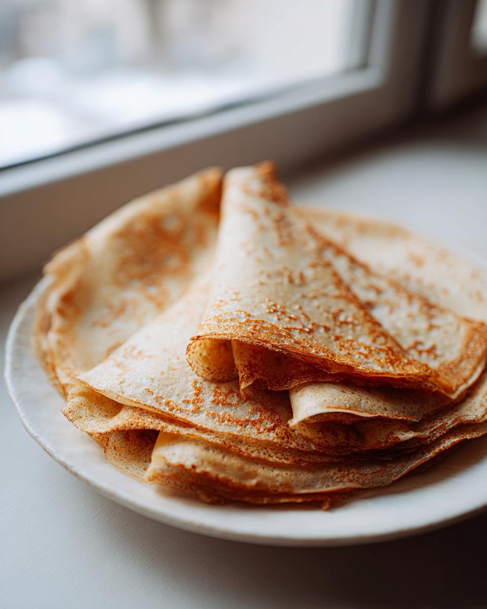 A stack of golden-brown, thin high-protein oat & buckwheat crepes folded neatly on a white plate near a window.