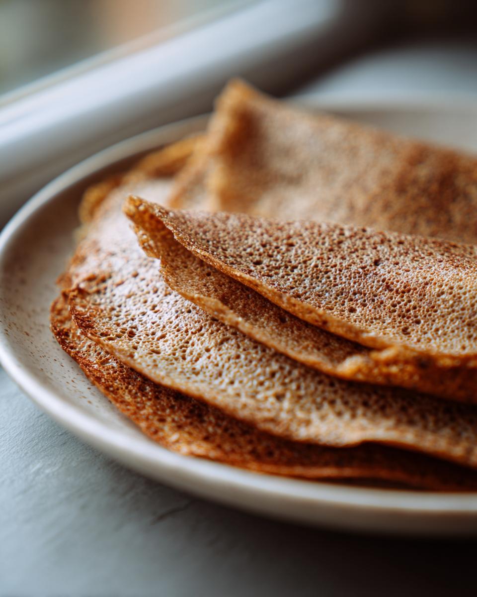 Close-up of folded, thin, brown high-protein oat & buckwheat crepes stacked on a light speckled plate near a window.
