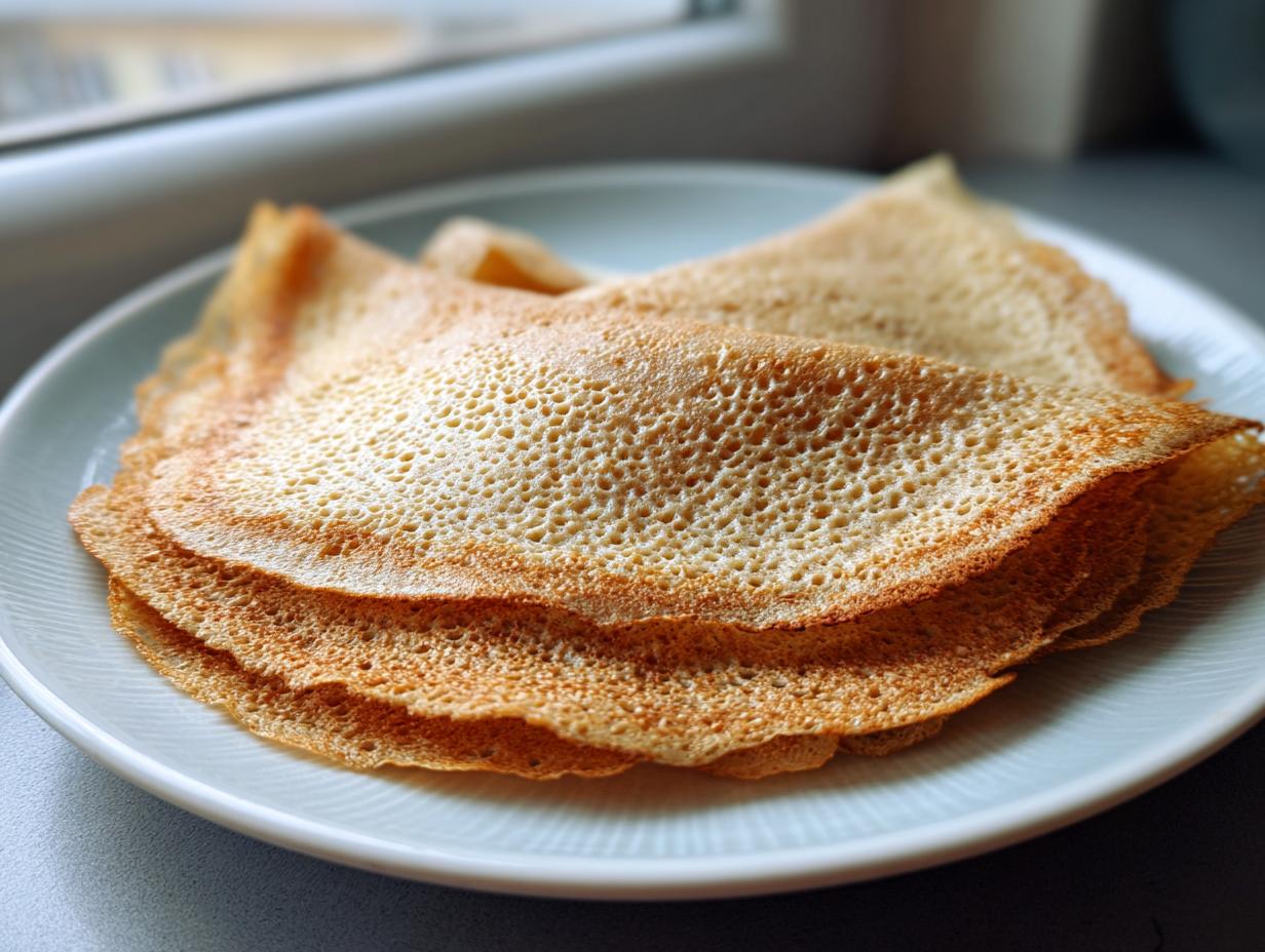 A stack of thin, golden-brown high-protein oat & buckwheat crepes folded on a light blue plate.