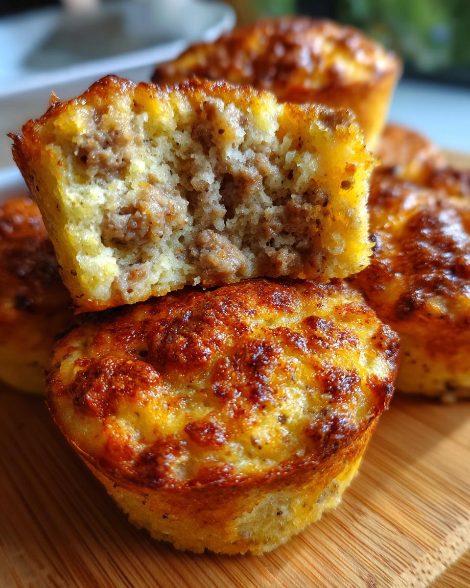 Close-up of a high-protein pancake sausage mini muffin cut in half showing the savory sausage filling inside.