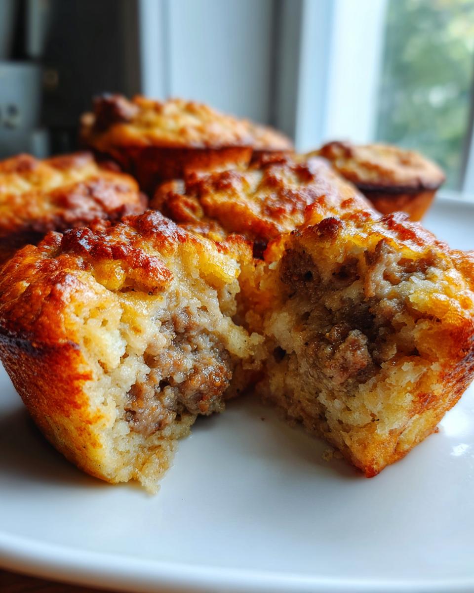A high-protein pancake sausage mini muffin cut in half showing the savory sausage filling inside the golden pancake batter.
