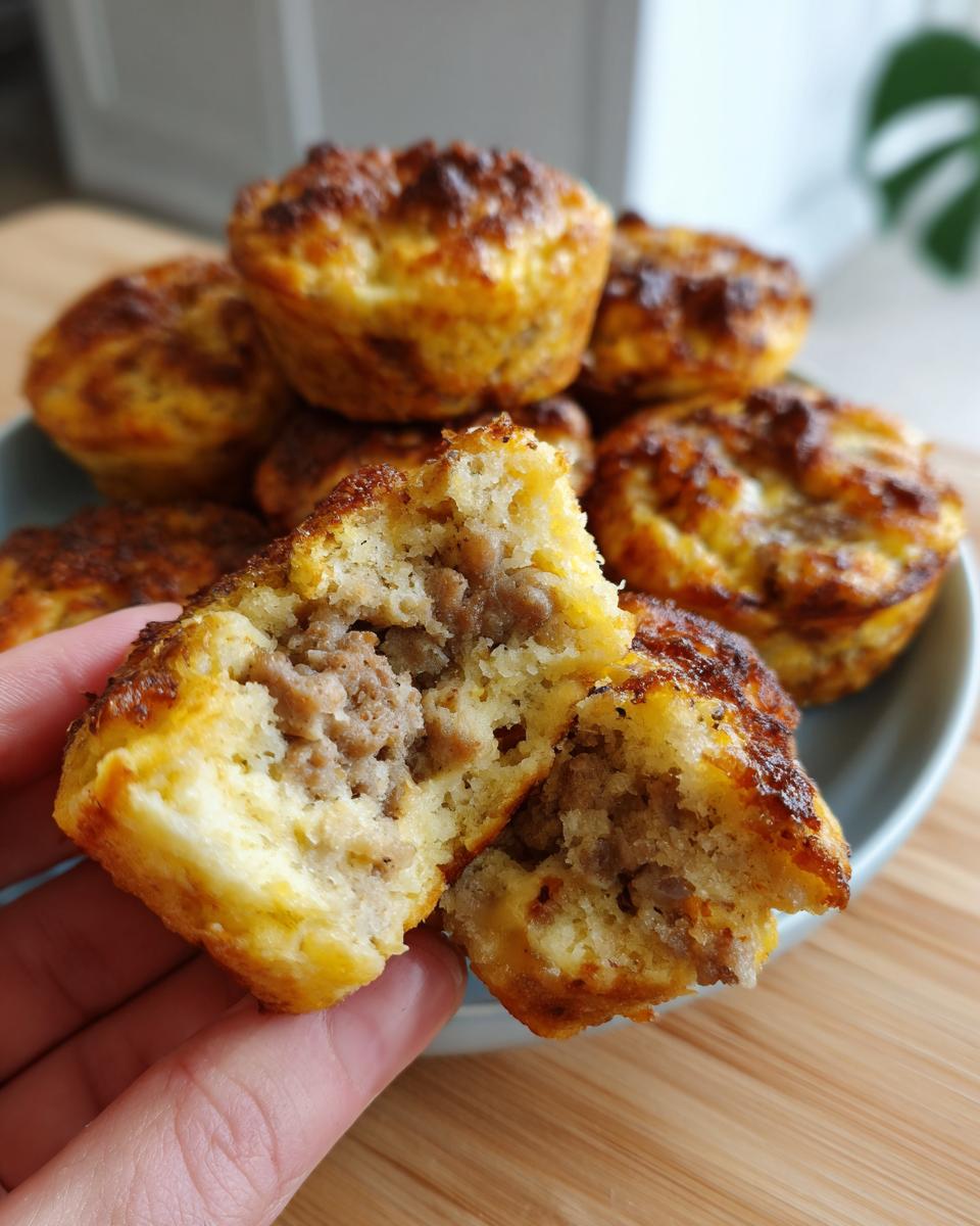 A hand breaks open one of the high-protein pancake sausage mini muffins, revealing the fluffy interior and sausage filling.