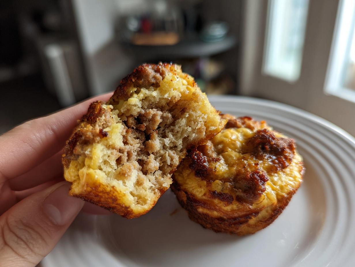 A hand holding a high-protein pancake sausage mini muffin broken in half, showing the savory sausage filling.