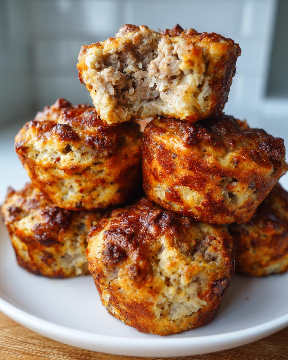 A stack of golden-brown high-protein pancake sausage mini muffins, with the top one broken open showing the savory sausage interior.