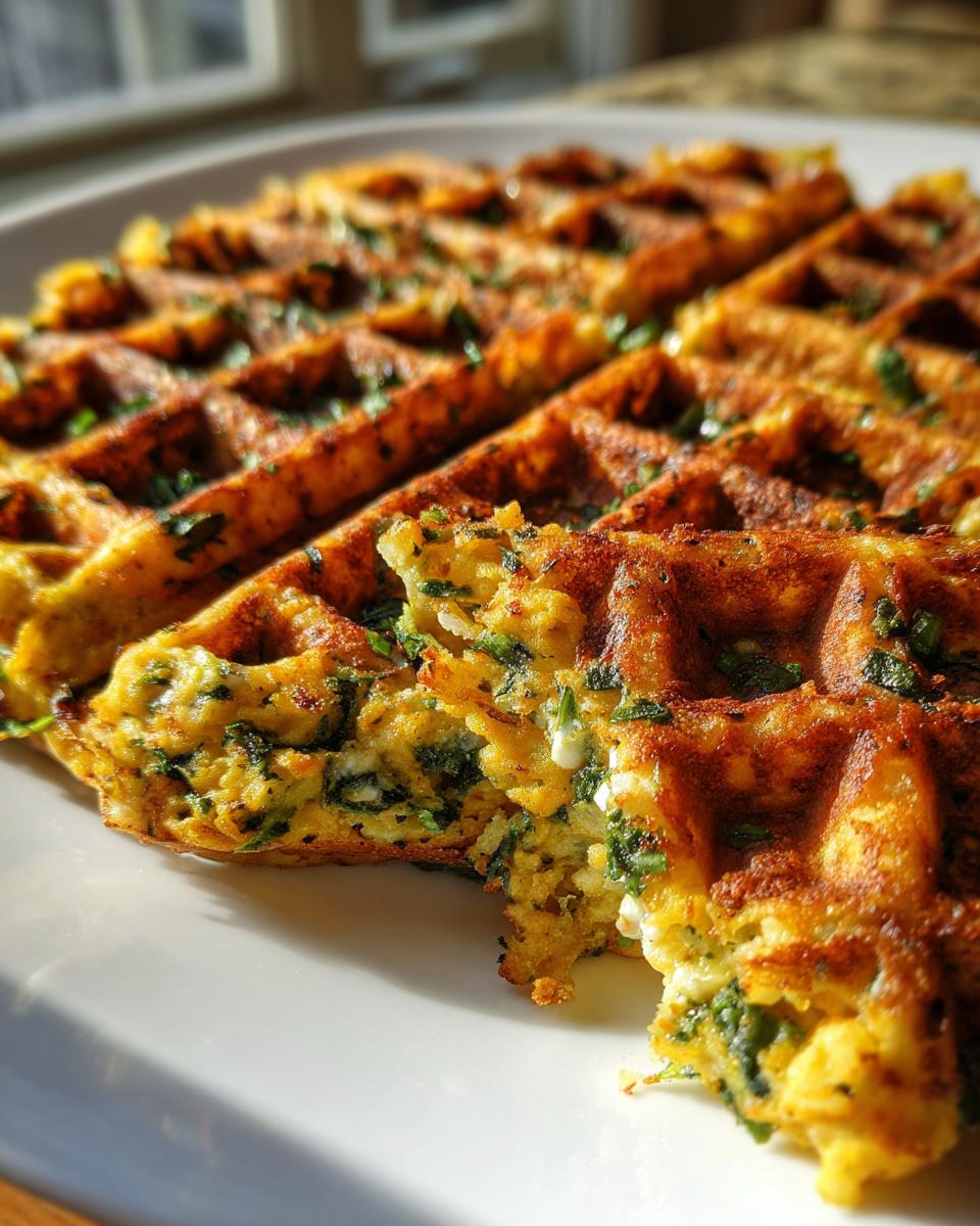 A close-up, golden-brown high-protein savory oat waffle with visible green herbs and a piece broken off showing the textured interior.