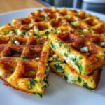 Close-up of golden brown high-protein savory oat waffles, cut to show spinach and feta filling.