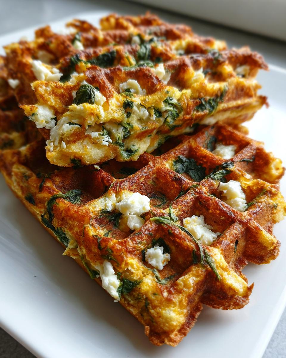 Stack of golden brown high-protein savory oat waffles filled with visible spinach and crumbled white cheese.