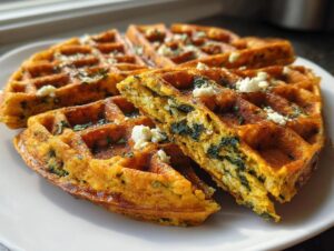 Close-up of golden high-protein savory oat waffles, cut to show spinach filling and topped with feta cheese.