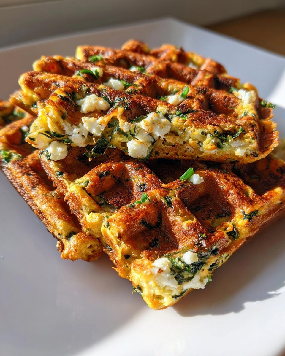 A stack of golden brown high-protein savory oat waffles filled with spinach and feta cheese, garnished with chives.