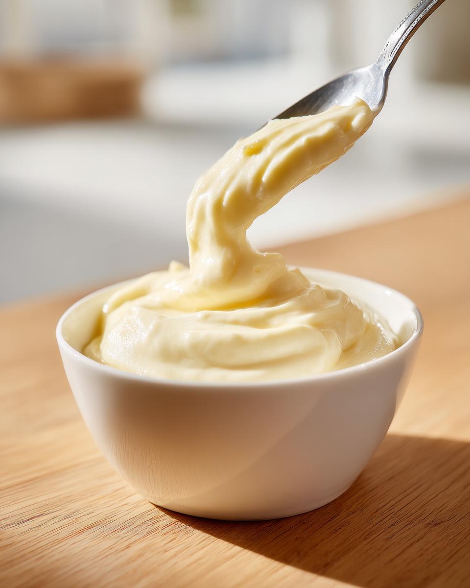 A spoonful of thick, creamy homemade mayonnaise recipe avocado oil being lifted from a white bowl.