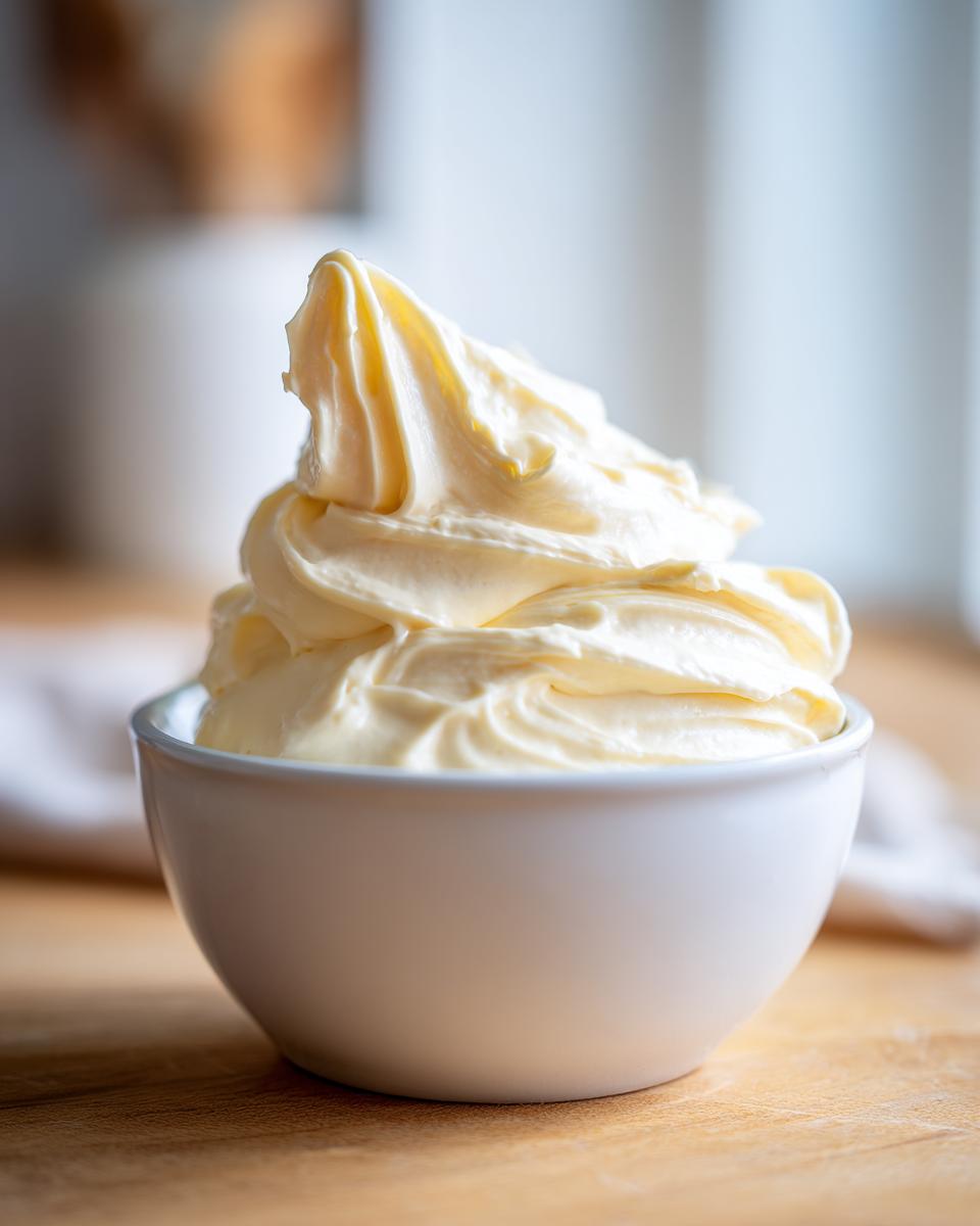 A close-up of thick, creamy homemade mayonnaise recipe avocado oil, swirled high in a small white bowl.