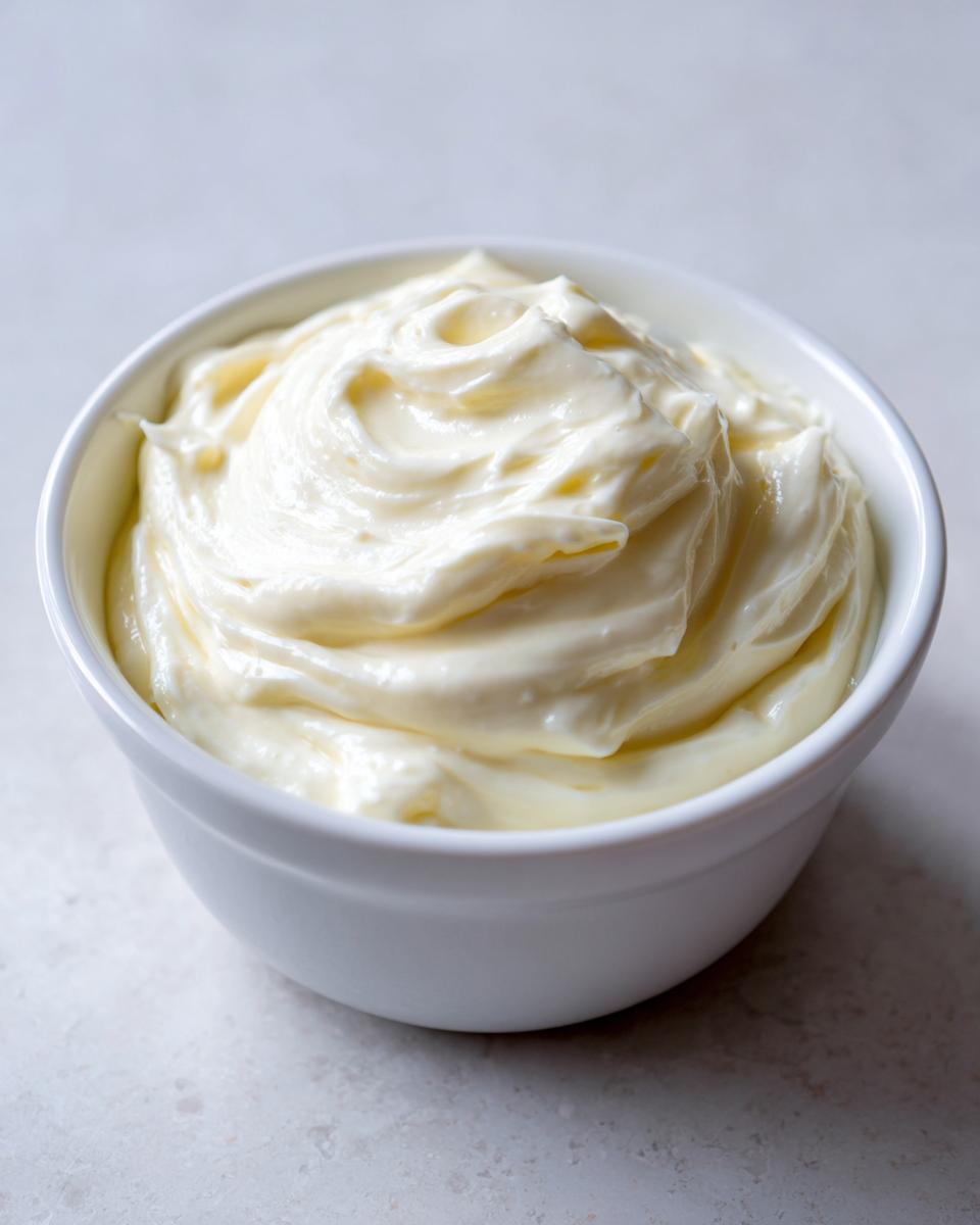 A close-up of thick, creamy homemade mayonnaise swirled in a small white bowl.