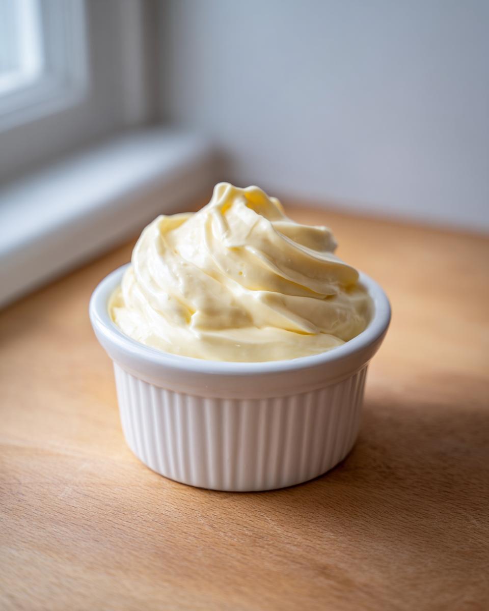 A swirl of creamy homemade mayonnaise olive oil perfectly piped into a small white ramekin on a wooden surface.