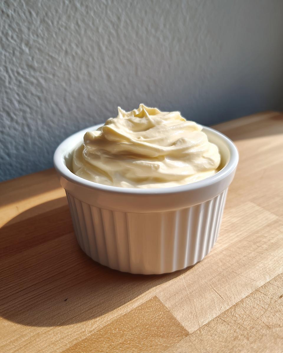 A small white ramekin filled with creamy, pale yellow homemade mayonnaise olive oil, sitting on a wooden surface.