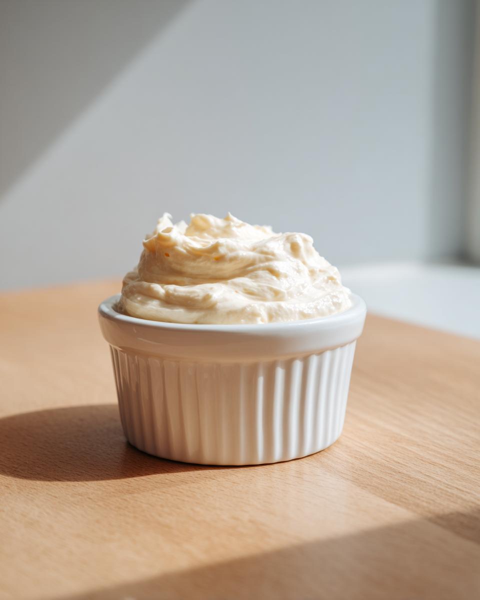 A small white ramekin filled with freshly whipped homemade mayonnaise olive oil, sitting on a light wooden surface.