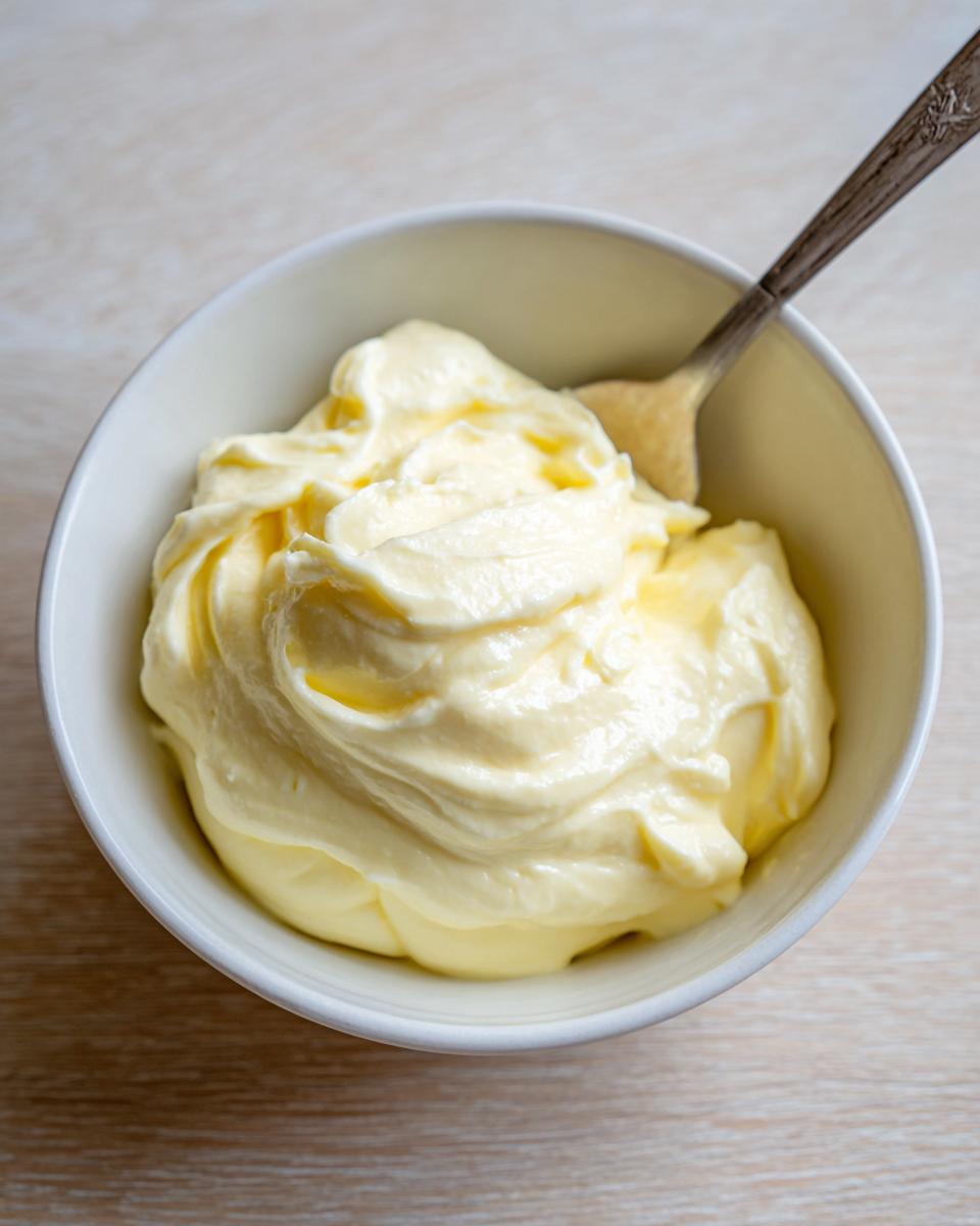 A close-up overhead shot of thick, creamy homemade mayonnaise recipe avocado oil in a white bowl with a spoon resting inside.