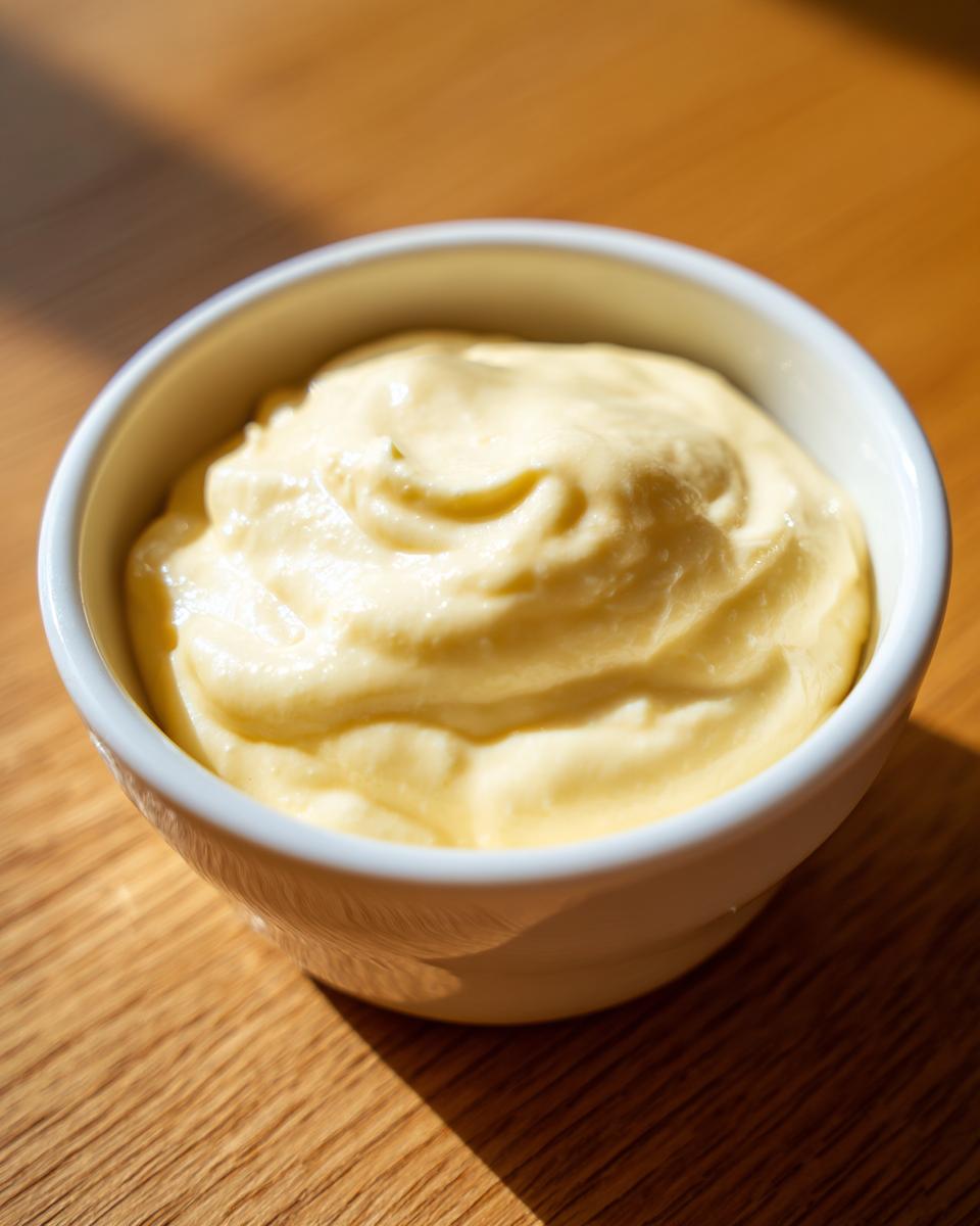 A close-up of thick, creamy homemade mayonnaise recipe eggless in a small white bowl on a wooden surface.
