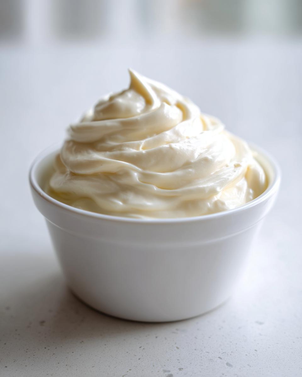 A close-up of perfectly emulsified homemade mayonnaise swirled high in a small white ramekin.