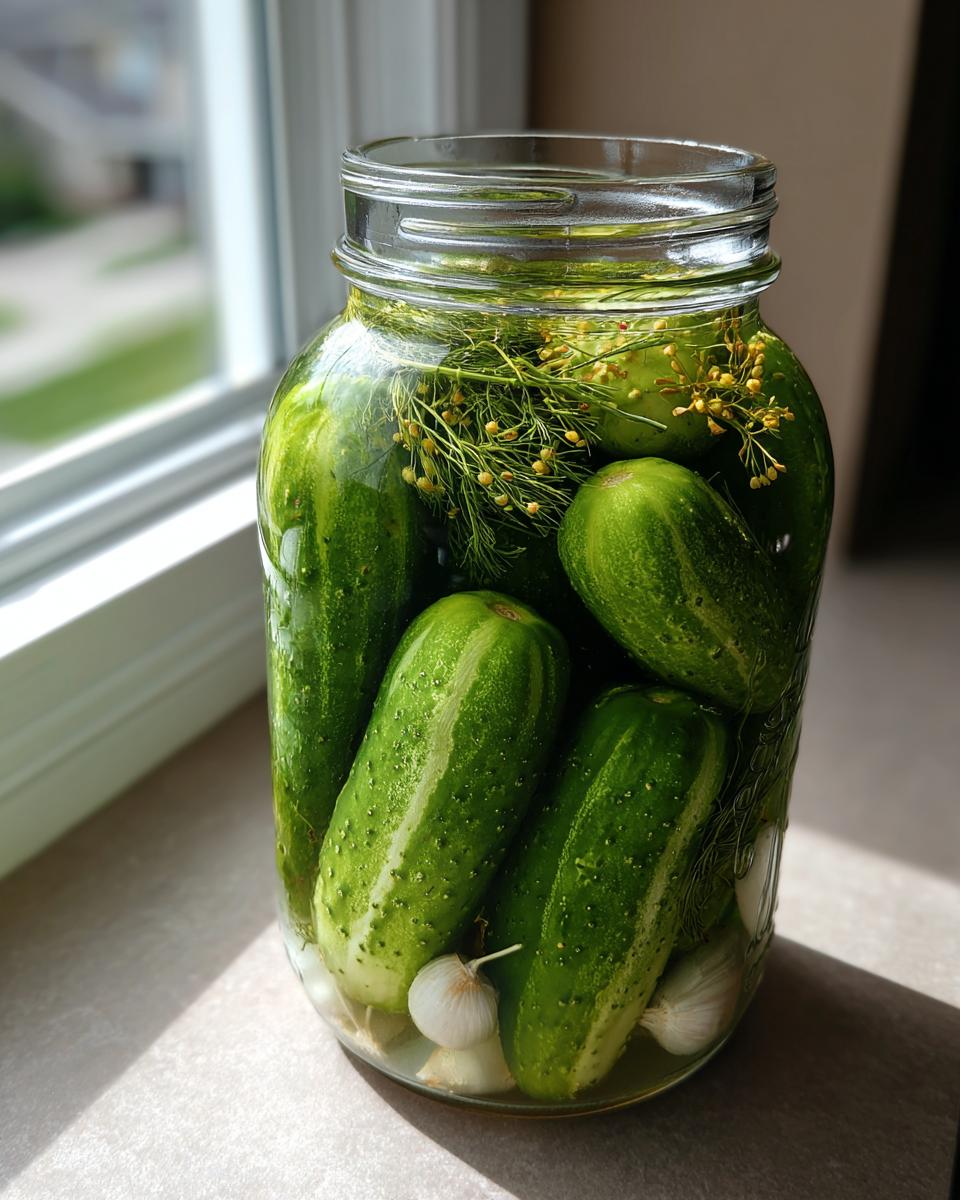 A glass jar filled with fresh cucumbers, dill heads, and garlic cloves for making fermented pickles.