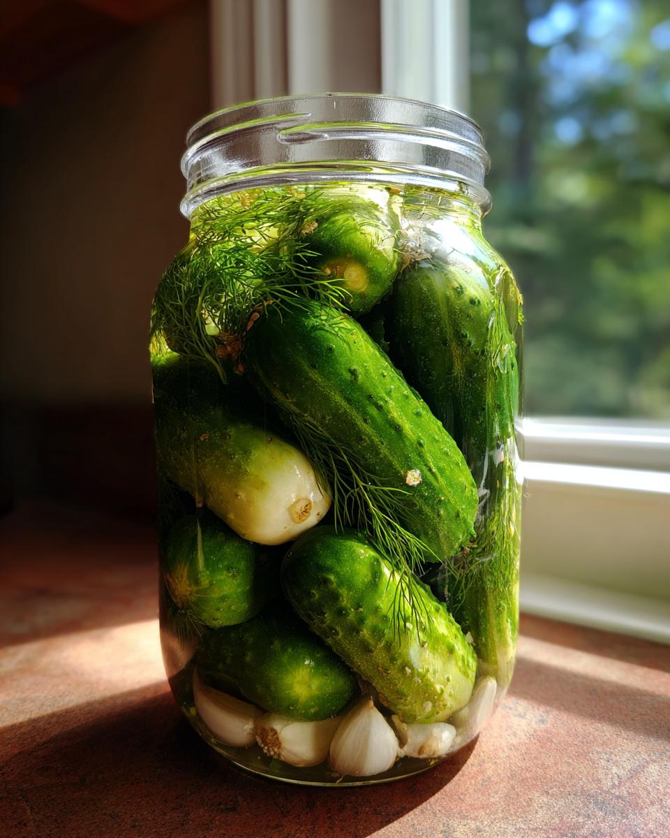 A glass jar filled with cucumbers, fresh dill, and garlic cloves ready for making fermented pickles.