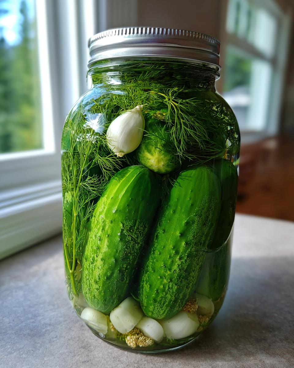 A glass jar filled with fresh cucumbers, dill, garlic, and spices, ready for making fermented pickles.