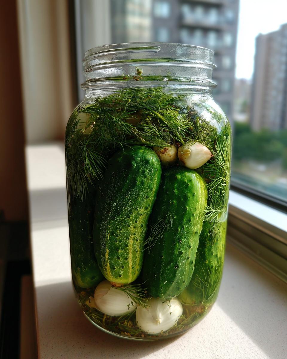 A glass jar filled with fresh cucumbers, dill fronds, and whole garlic cloves for making fermented pickles.