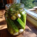 A glass jar packed tightly with fresh cucumbers, garlic cloves, dill sprigs, and spices, ready for making fermented pickles.