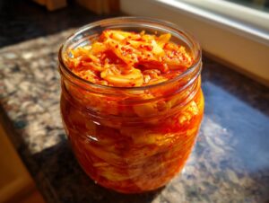 A glass jar filled with bright red, freshly made napa cabbage kimchi sitting on a speckled countertop near a window.