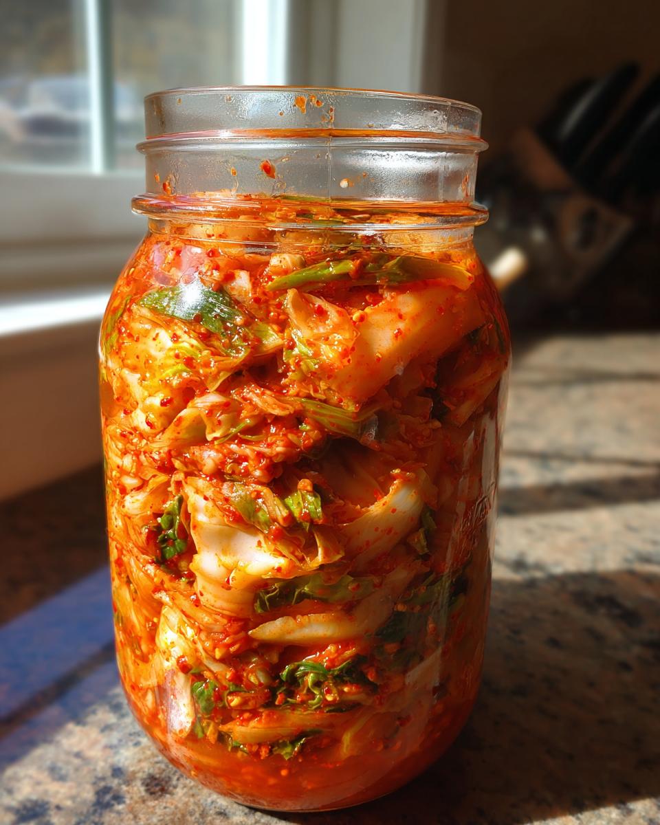 A glass jar filled with vibrant, spicy napa cabbage kimchi resting on a countertop in natural light.