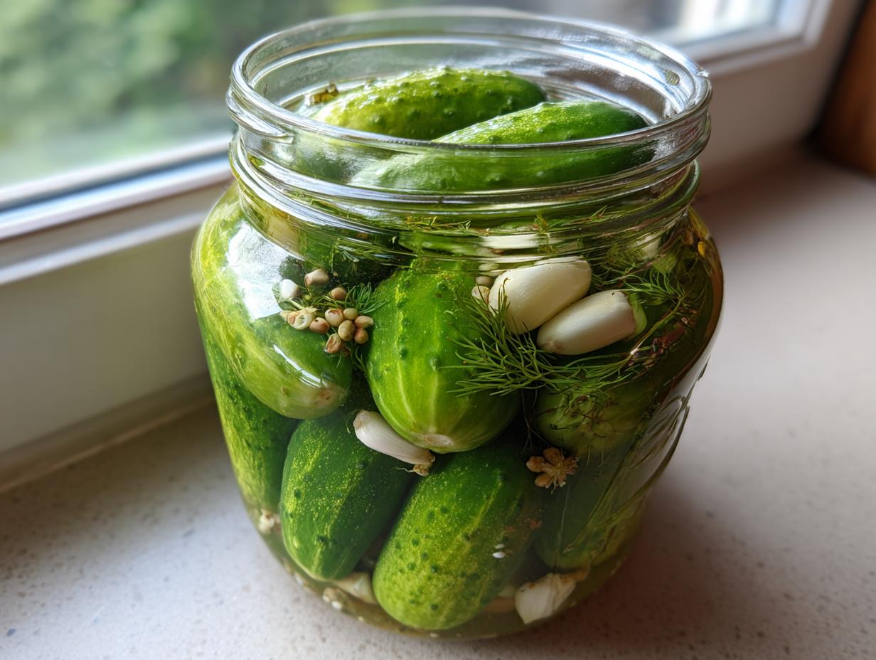A glass jar packed tightly with fresh cucumbers, garlic cloves, dill, and coriander seeds for making fermented pickles.