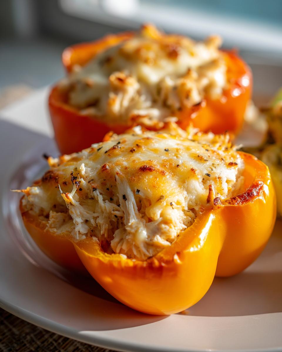 Two halves of bright orange bell peppers filled with shredded chicken mixture and topped with melted, browned cheese, ready to eat keto buffalo chicken stuffed peppers.