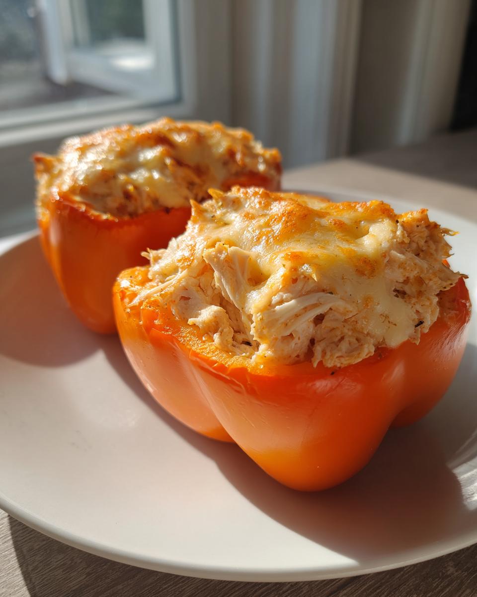 Two bright orange keto buffalo chicken stuffed peppers, generously filled and topped with melted cheese, sitting on a white plate.