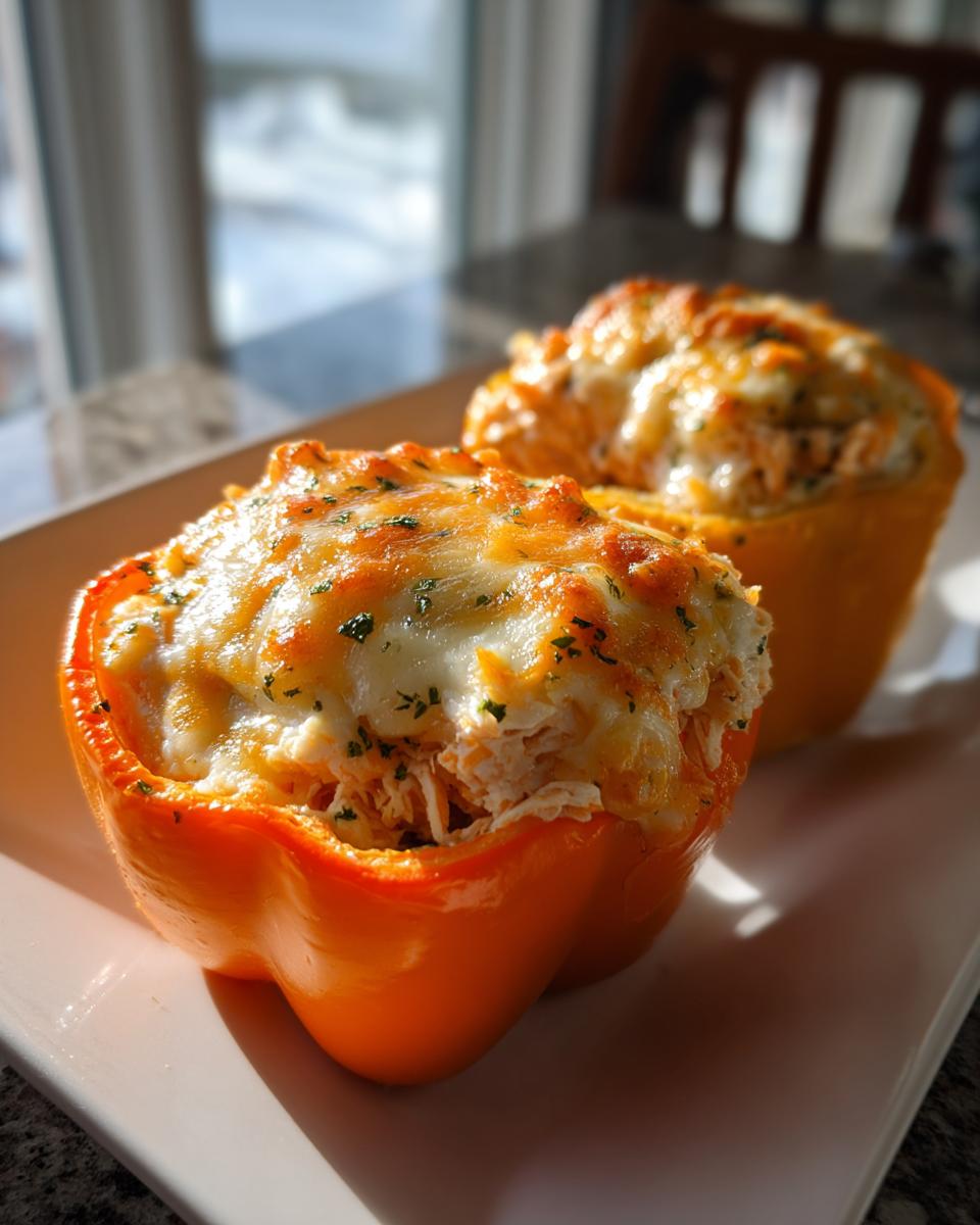 Two baked orange bell peppers filled with shredded chicken and topped with melted cheese, ready to eat as keto buffalo chicken stuffed peppers.
