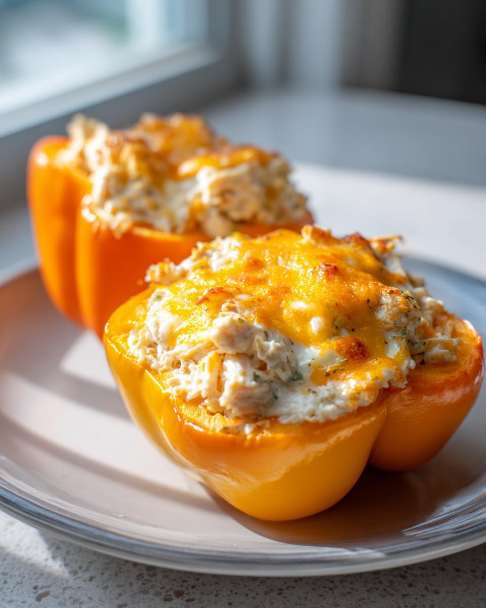 Two halves of bright yellow keto buffalo chicken stuffed peppers topped with melted, golden-brown cheese.