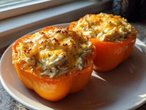 Two bright orange bell peppers filled with shredded chicken mixture and topped with melted, browned cheese, ready to eat as keto buffalo chicken stuffed peppers.