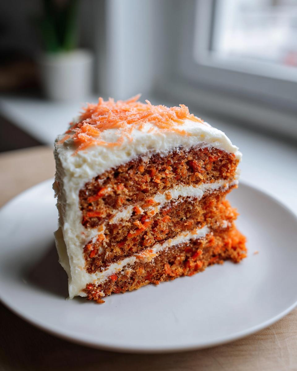A close-up slice of layered carrot cake recipe with cream cheese frosting and shredded carrot topping.