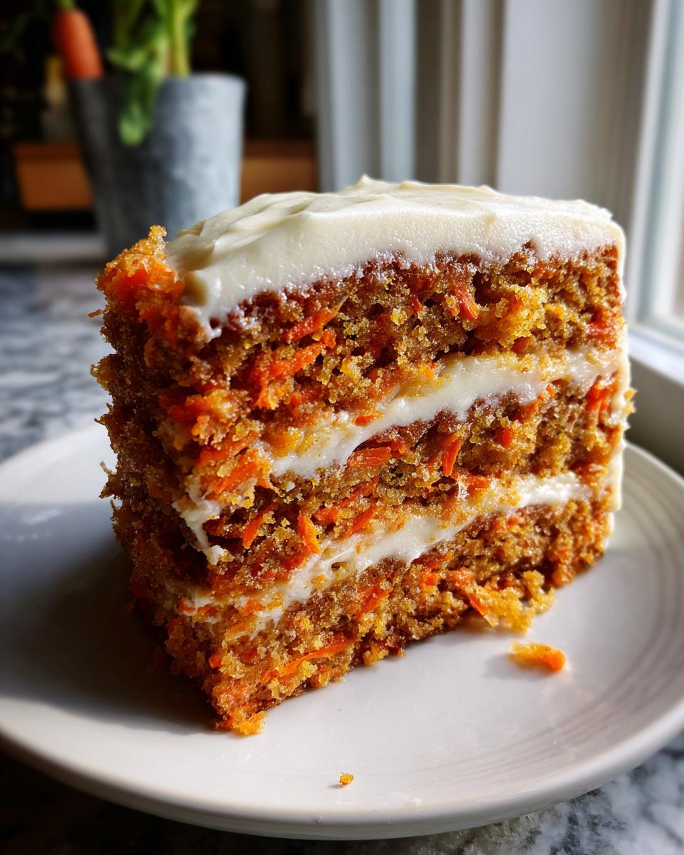 A tall, moist slice of layered carrot cake recipe with thick cream cheese frosting, served on a white plate.