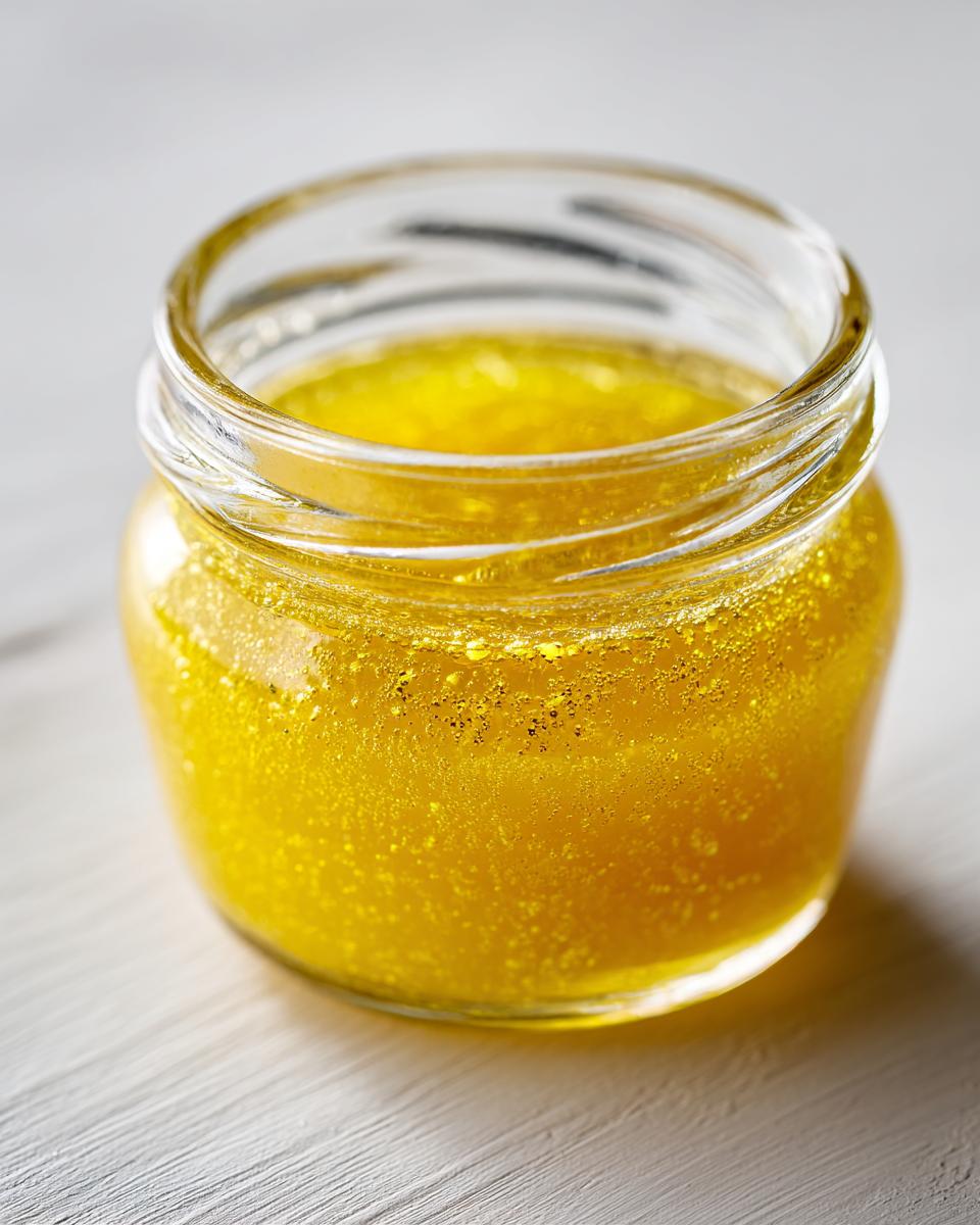 Close-up of bright yellow lemon vinaigrette salad dressing emulsified in a small glass jar.