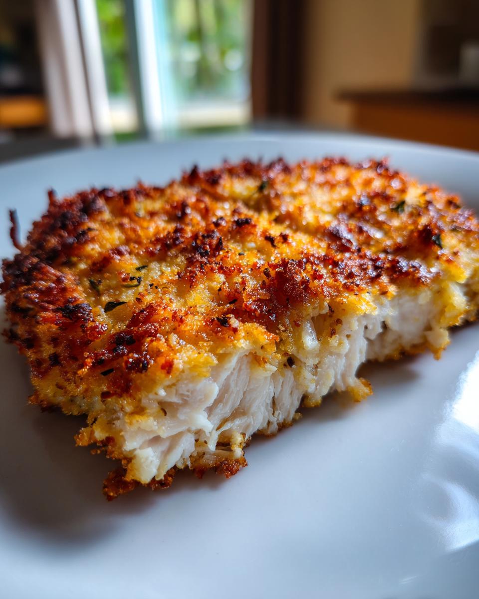 Close-up of a perfectly cooked piece of longhorn parmesan crusted chicken showing the golden-brown crust and juicy white meat.