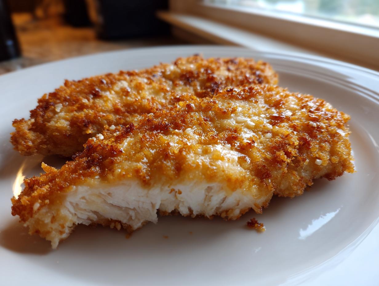 Close-up of two pieces of golden brown longhorn parmesan crusted chicken on a white plate, showing the moist interior.