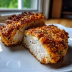 Cross-section of a juicy longhorn parmesan crusted chicken breast showing the golden, crispy topping and white interior.