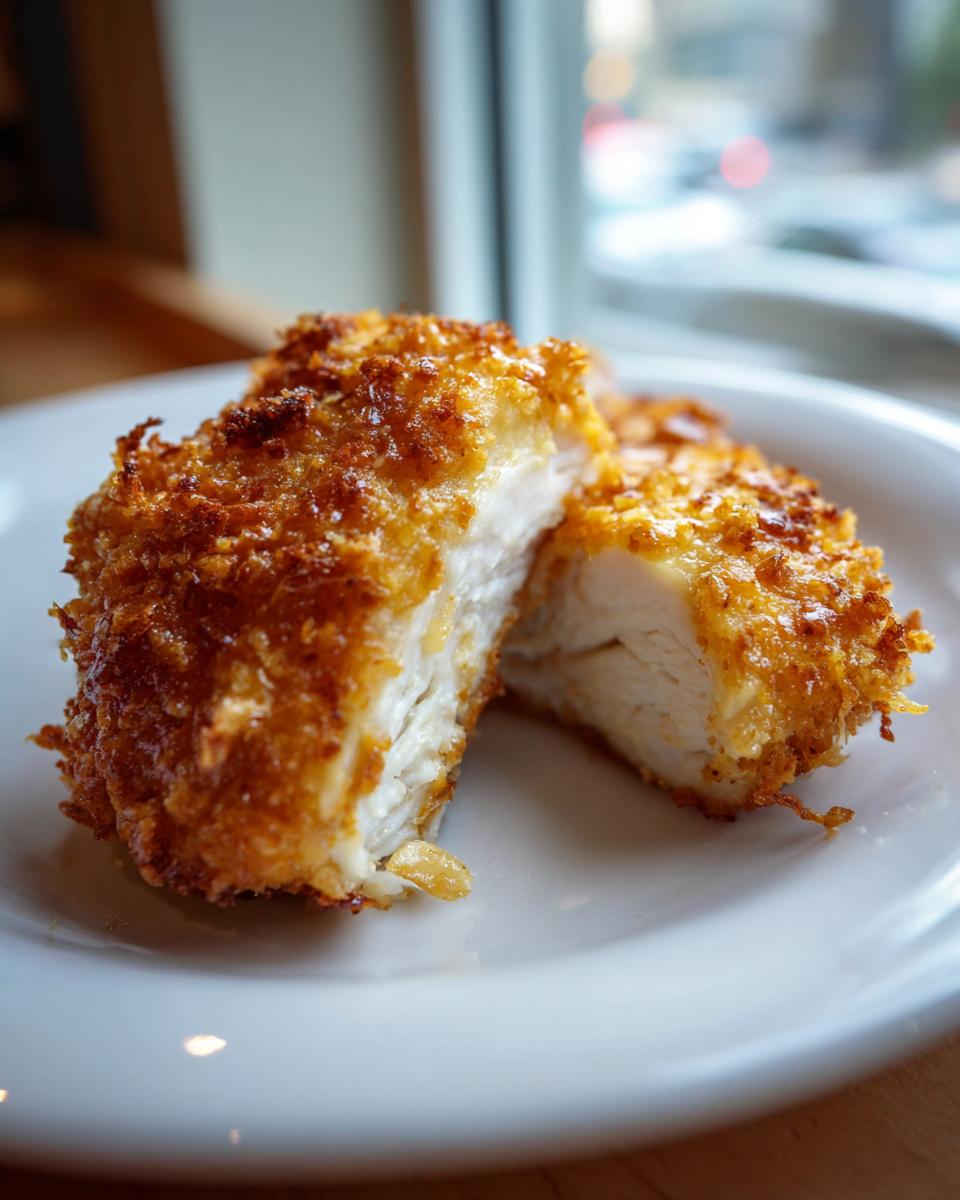 Cross-section of juicy longhorn parmesan crusted chicken showing the crispy golden exterior and tender white meat inside.