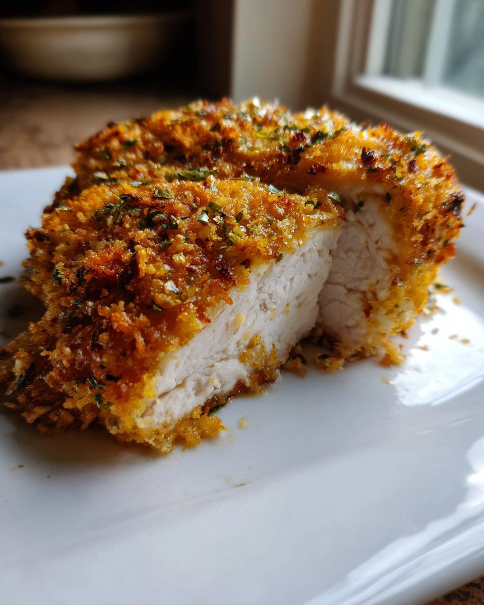 Cross-section of longhorn parmesan crusted chicken showing juicy white meat and crispy golden crust.