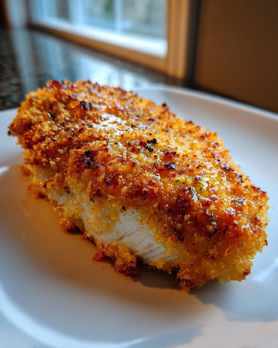 Close-up of a perfectly cooked longhorn parmesan crusted chicken fillet with a golden-brown, crispy topping on a white plate.