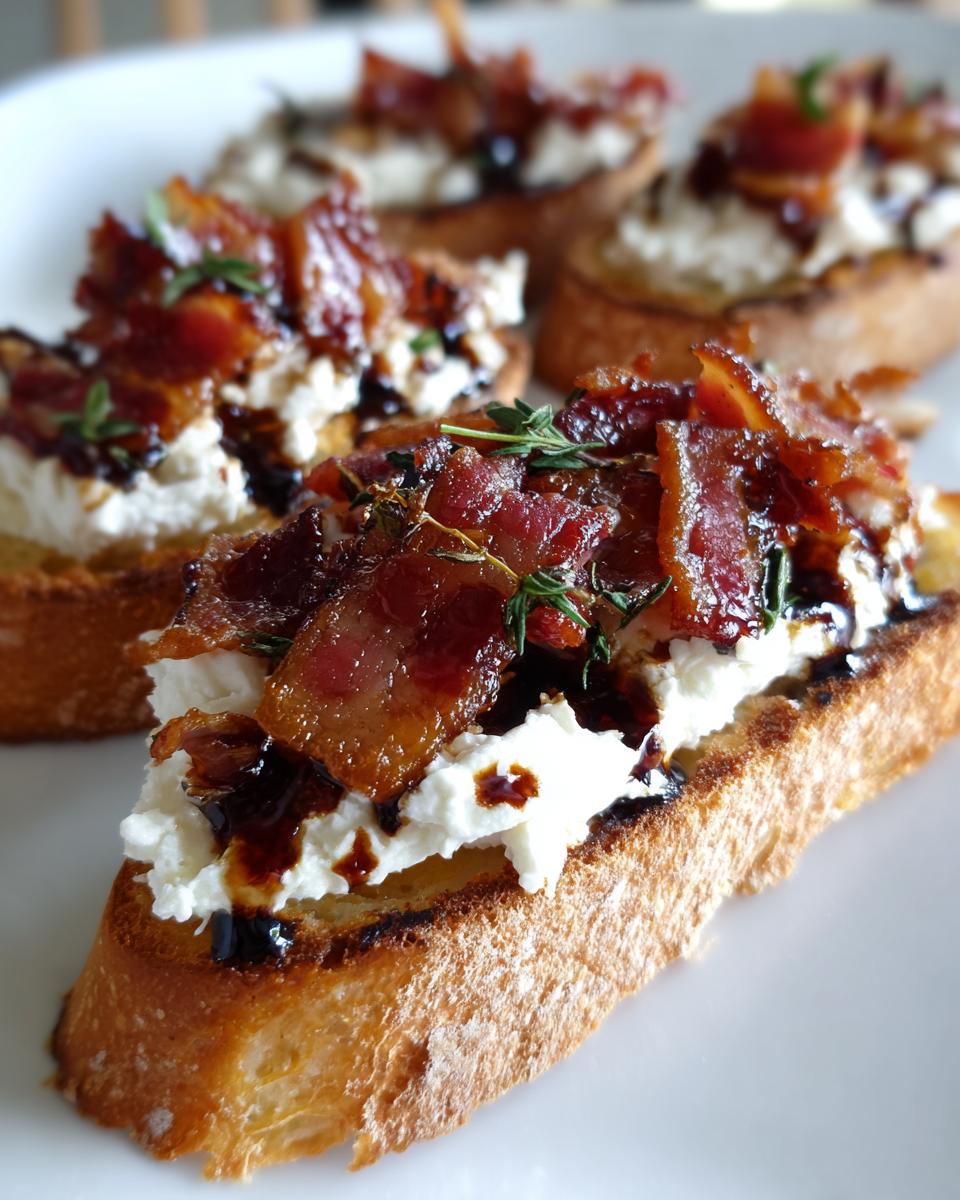 Close-up of maple bacon goat cheese crostini topped with candied bacon and fresh thyme on a white plate.
