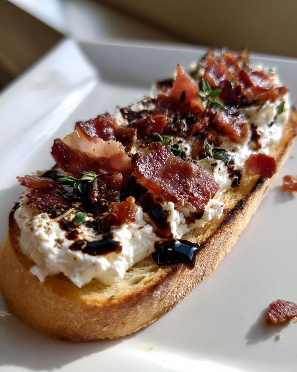 Close-up of a single maple bacon goat cheese crostini topped with bacon crumbles, herbs, and balsamic glaze.